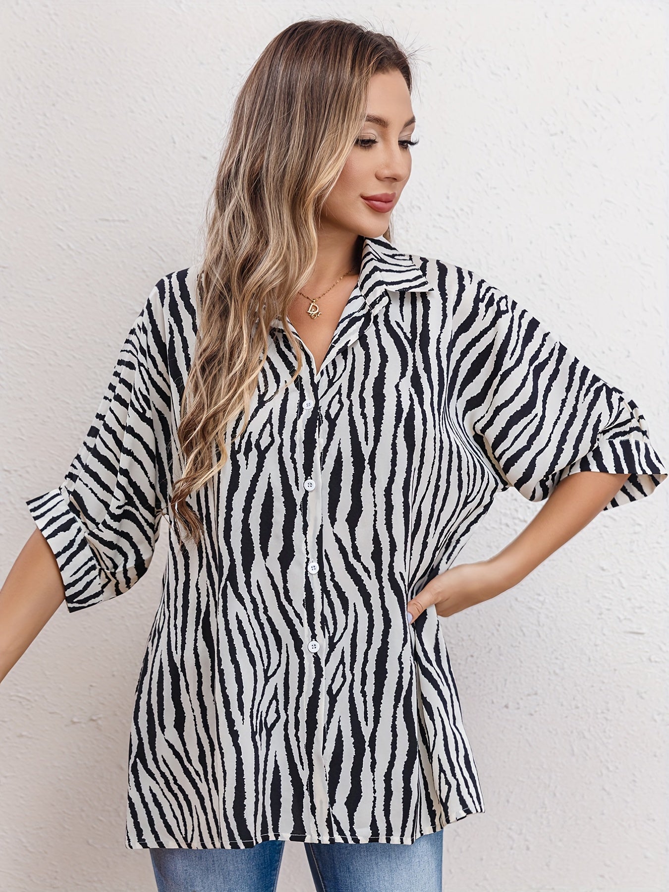 Judah | Zebra Print Blouse with Cuffed Sleeves