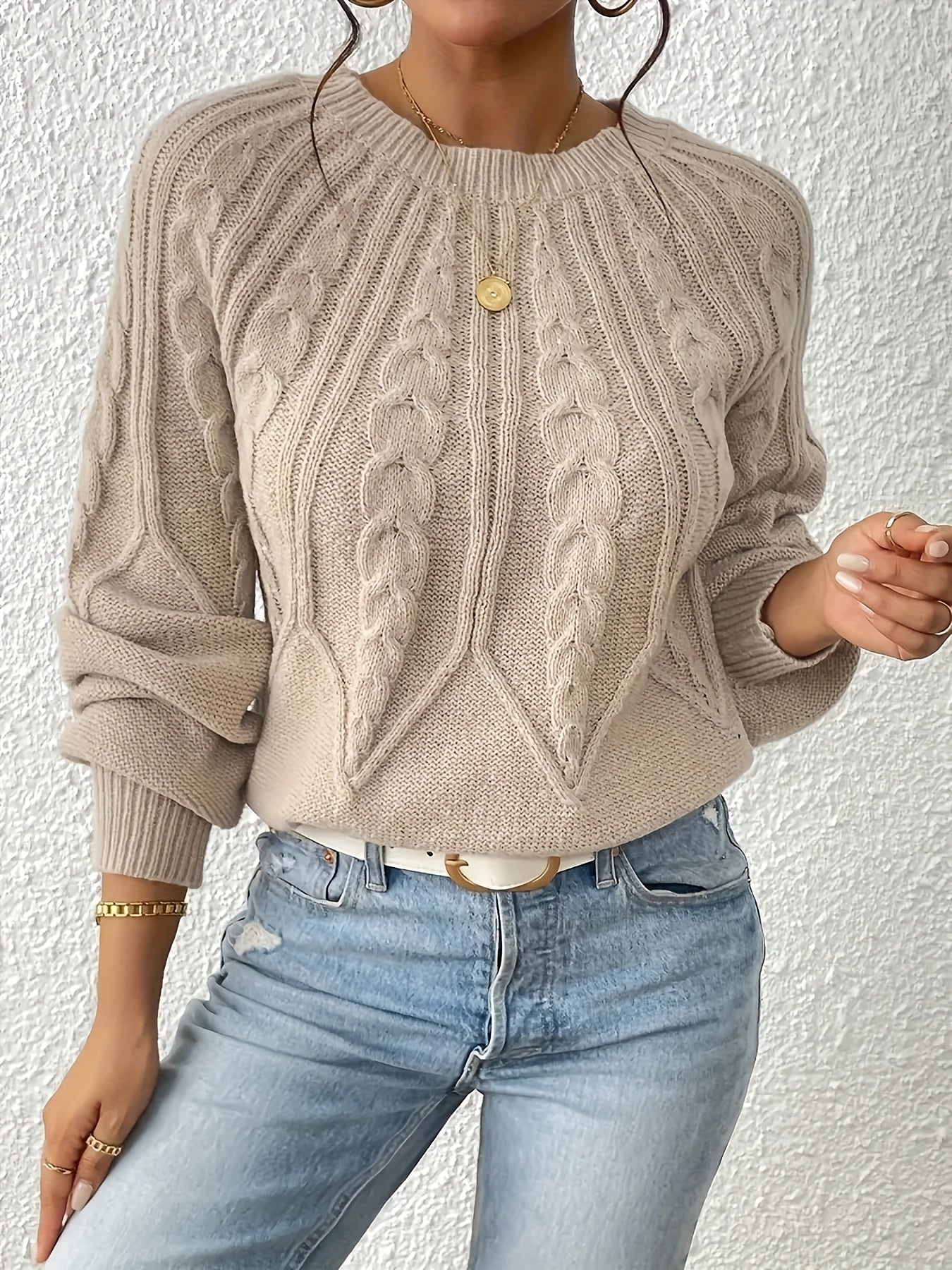 Cable Knitted Sweater with Lantern Sleeves