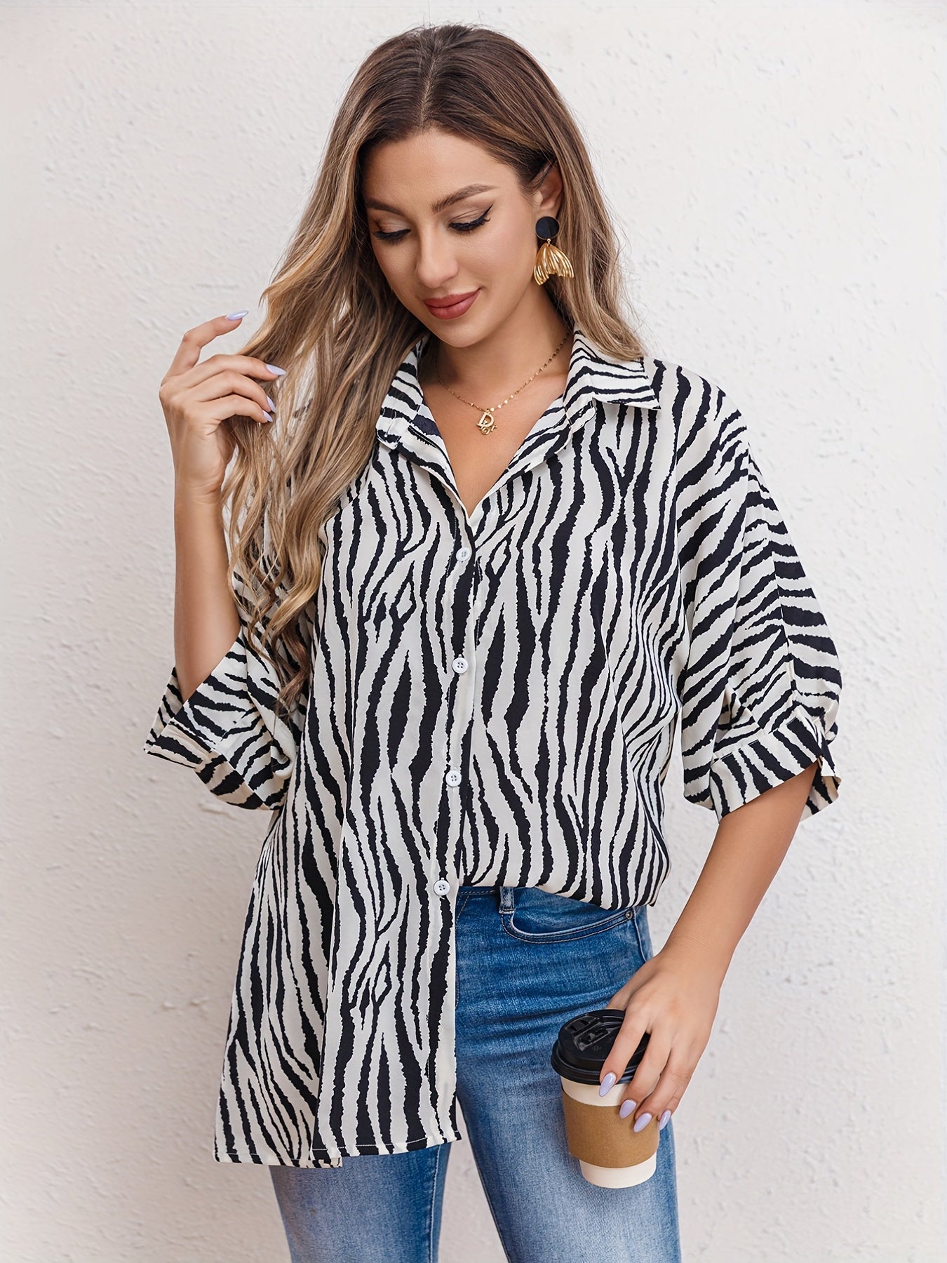 Judah | Zebra Print Blouse with Cuffed Sleeves