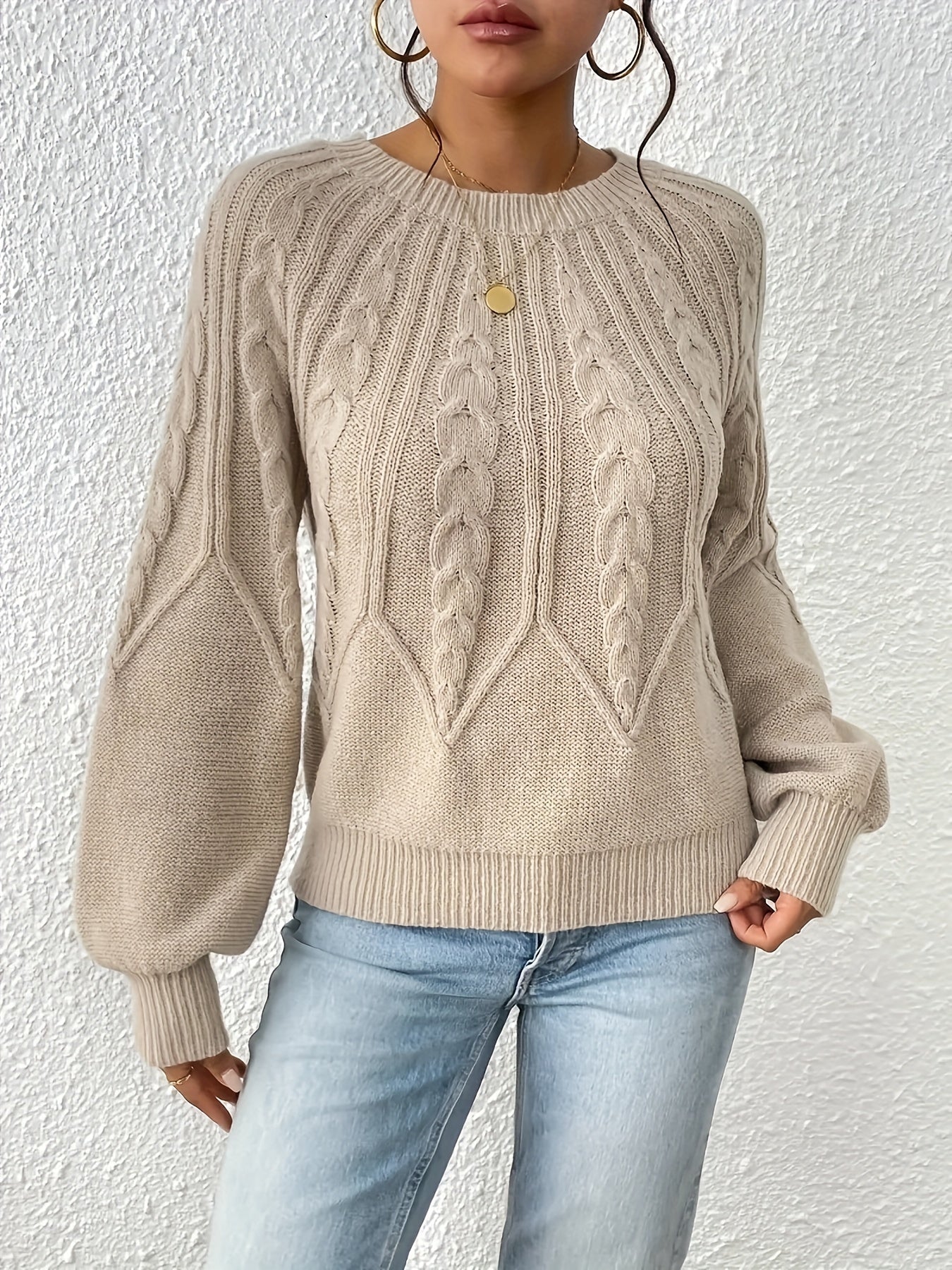 Cable Knitted Sweater with Lantern Sleeves