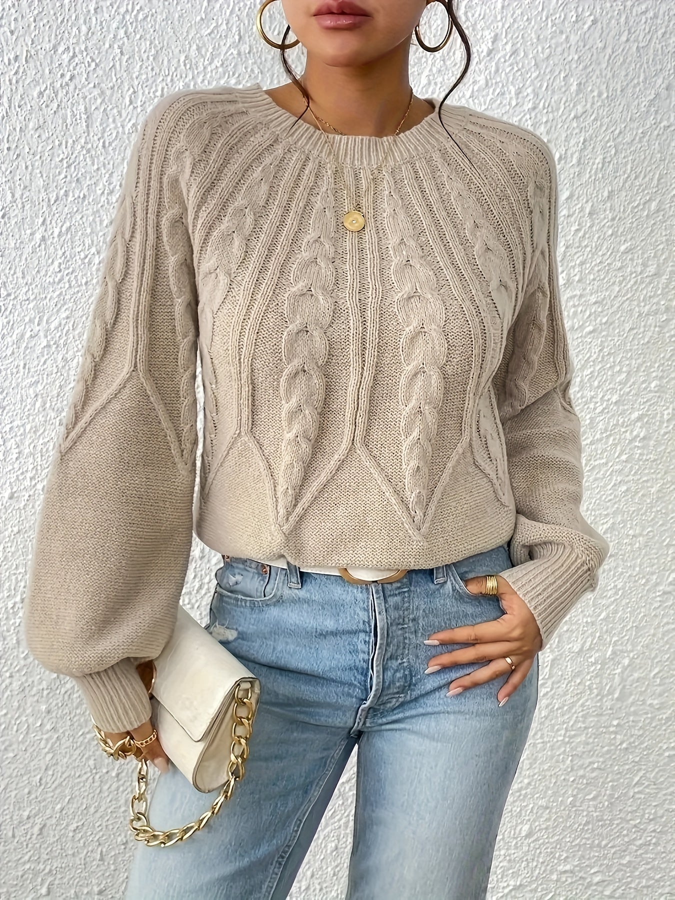 Cable Knitted Sweater with Lantern Sleeves